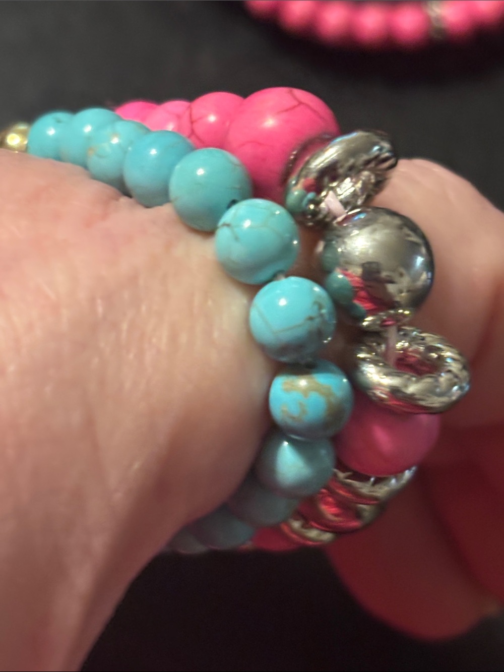 Pink and Blue Stone Beaded Stackable Bracelets with Silver Accents - Picture 11 of 13